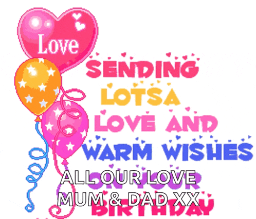 a birthday card with balloons and the words love sending lotsa love and warm wishes all our love mum & dad xx birthday