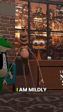 a green crocodile in a tuxedo is standing next to a woman sitting on a couch with the words particular moment below it