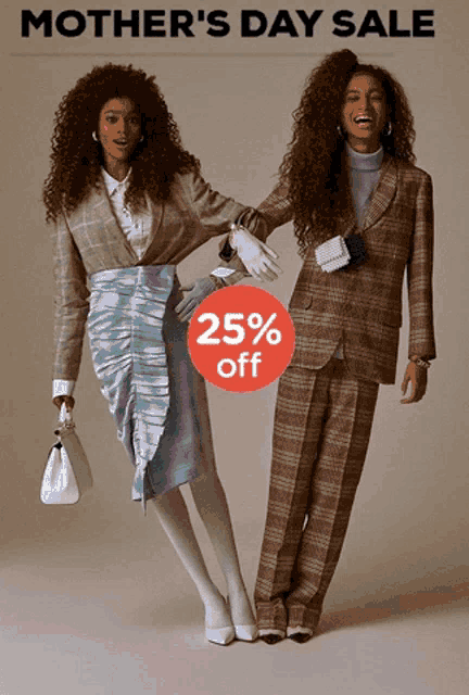 two women standing next to each other with a circle that says 25% off