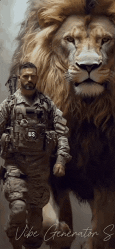 a man in a us uniform is walking next to a lion
