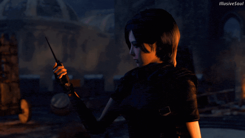 a woman holding a wand in front of a sign that says ' illusive soul '