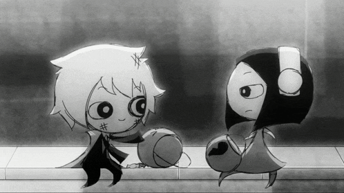 a black and white drawing of a boy and a girl with headphones on