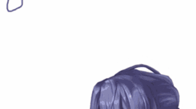 a drawing of a girl with purple hair and a gray glove