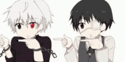 a couple of anime characters are pointing at each other .