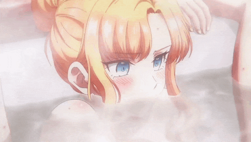 a girl with blue eyes is taking a bath in a bathtub