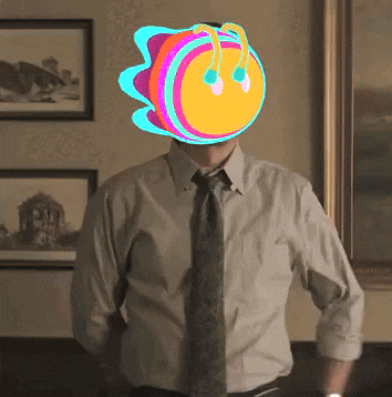 a man wearing a shirt and tie has a colorful smiley face on his head