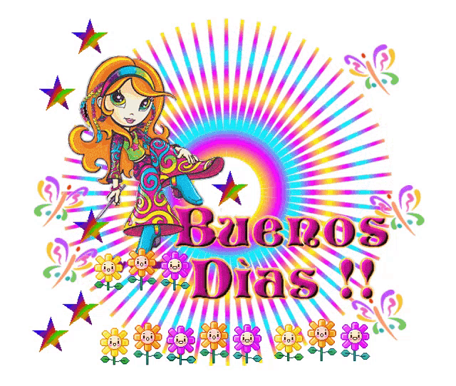 a cartoon girl with the words buenos dias on it