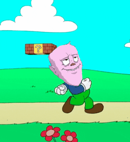 a cartoon character is walking down a path in front of a brick wall with a question mark on it