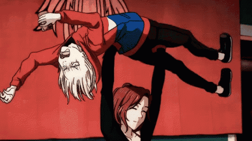a cartoon of two people doing a handstand on a red background