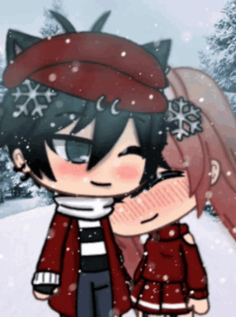 a boy and a girl are standing in the snow and the girl has snowflakes in her hair