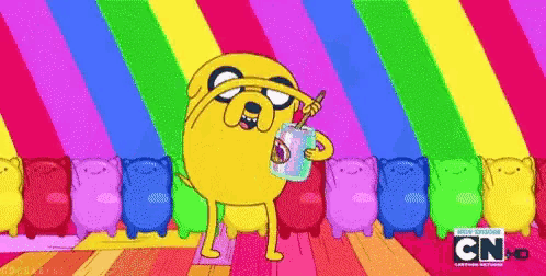 a cartoon character from adventure time is holding a drink in his hand