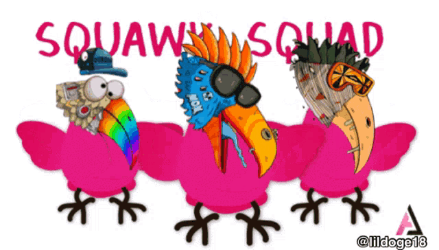 a cartoon drawing of three birds with the words squaw squad written above them
