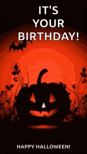 a happy halloween greeting card with a pumpkin and bats in the background .