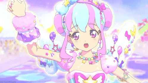 a pink and blue anime girl with a star on her chest is dancing