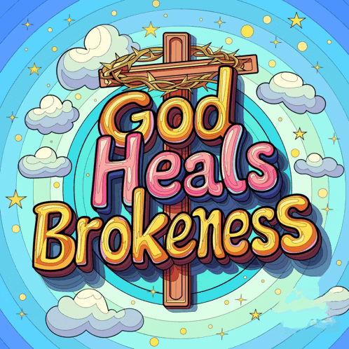 a cross with a crown of thorns on it and the words god heals brokenness