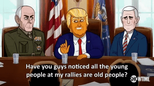 a showtime cartoon of donald trump sitting at a table