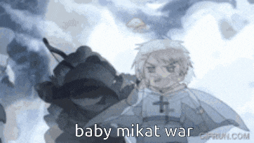a cartoon of a boy with the words baby mikat war on the bottom