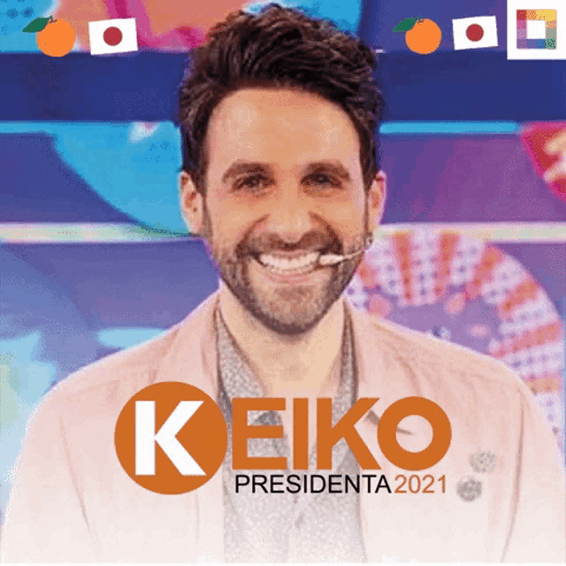 a man is smiling in front of a sign that says keio presidenta 2021