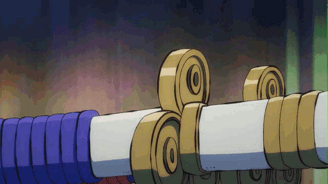 a cartoon drawing of a sword with a blue handle and gold rings