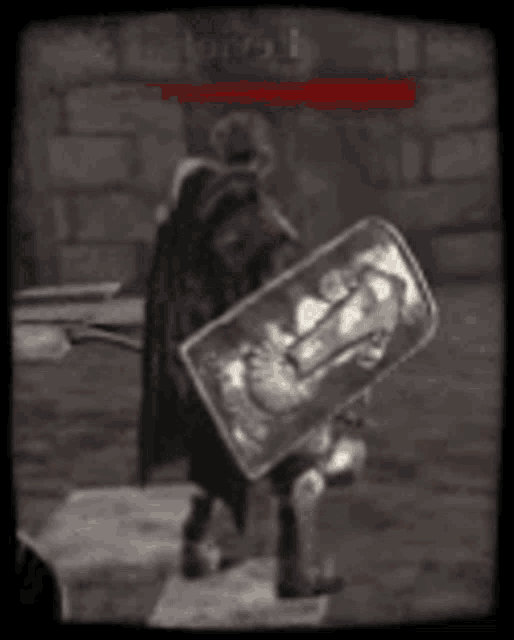 a black and white photo of a person holding a shield