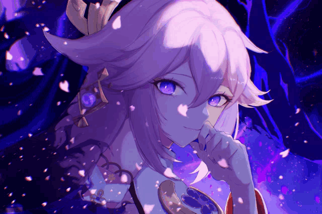 a girl with purple hair and blue eyes is surrounded by petals