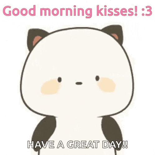 a cartoon panda with a heart on its head is saying good morning kisses .