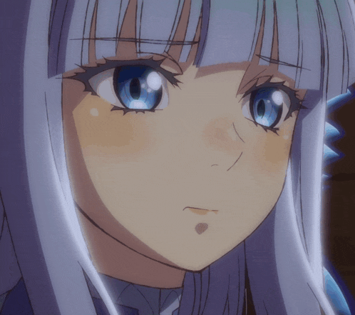 a close up of a girl 's face with blue eyes and white hair