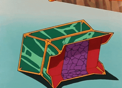 a cartoon drawing of a green and red box with a purple door in it