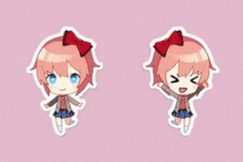 two stickers of a girl with pink hair and a red bow on her head on a pink background .