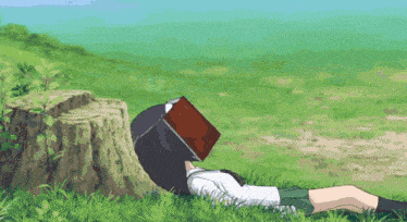 a girl with a book on her head laying in the grass