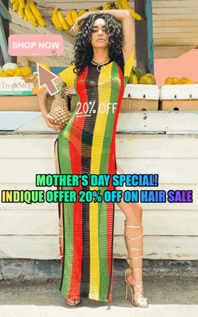 a woman in a red yellow green and blue dress holding a pineapple