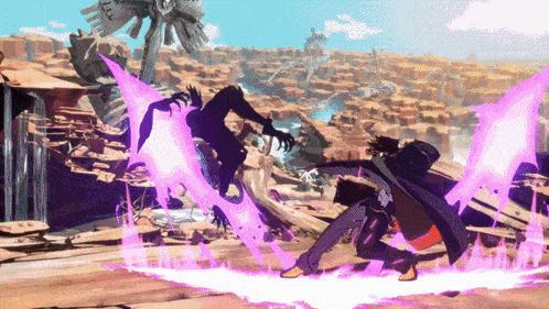 a man in a black cape is fighting another man in a purple cape