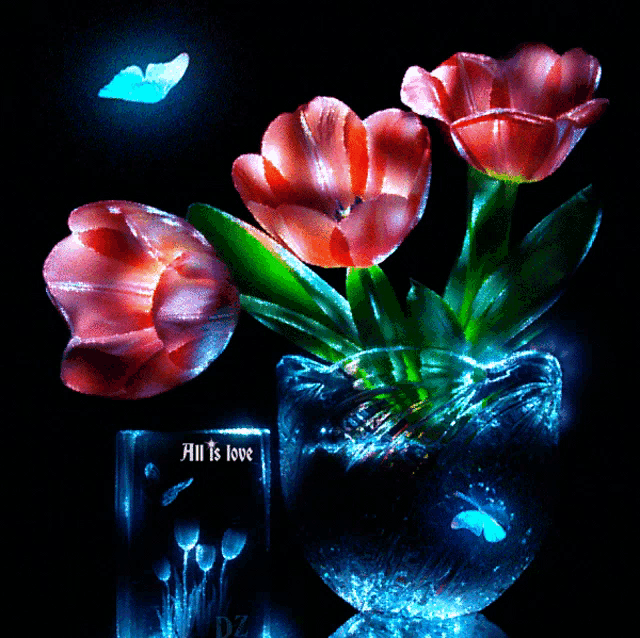 a picture of flowers in a vase with the words hill is love on the bottom