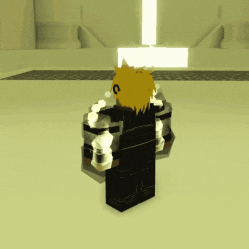 a cartoon character with yellow hair is standing in front of a door