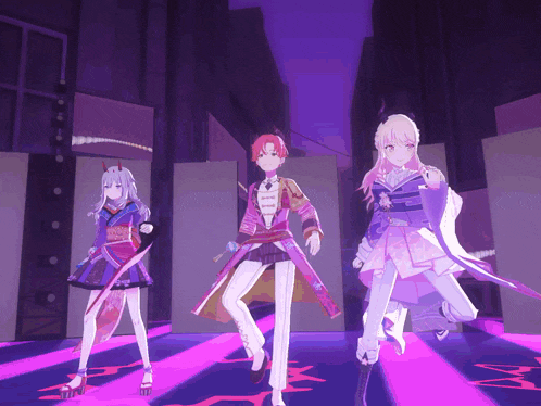 three anime characters are standing on a purple stage