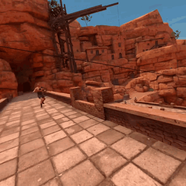 a video game shows a man running on a tiled floor