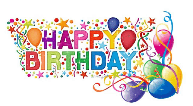 a happy birthday sign with balloons and streamers