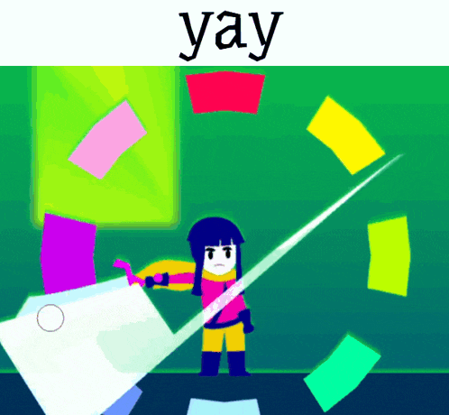 a cartoon of a girl holding a sword with the word yay in the corner