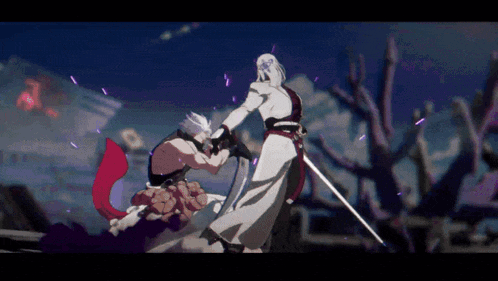 a man with a sword is standing next to another man in a video game