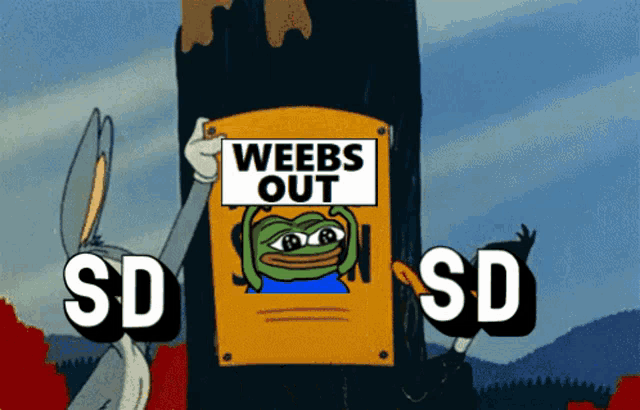 bugs bunny holds a sign that says weebs out