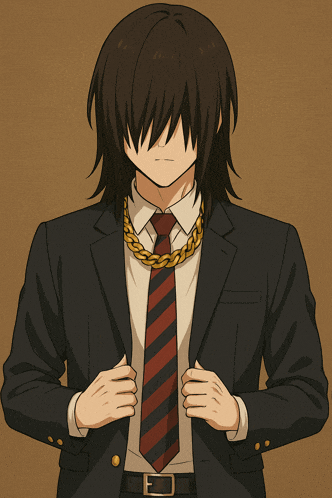 a man wearing a suit and tie has a gold chain around his neck
