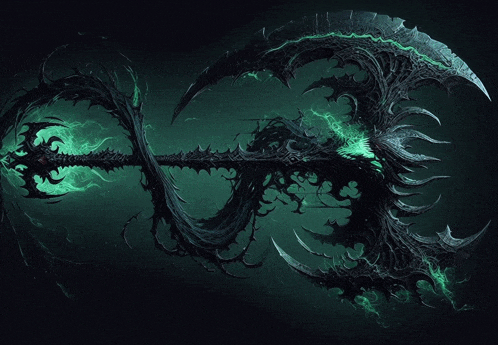 a very dark looking axe with a green glow in the middle