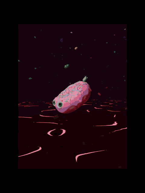 a pink donut with green eyes is floating in a pool of liquid