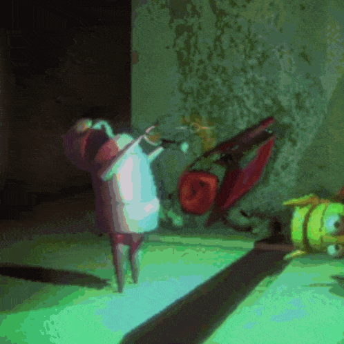 a cartoon character is standing in a dark room with a green light shining on them