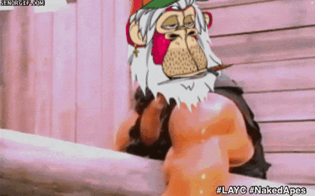 a cartoon of a man with a beard and a hat with the hashtag #layc #nakedapes on the bottom