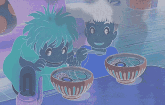 a couple of cartoon characters eating from bowls of food