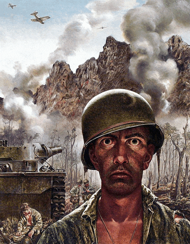 a painting of a man in a helmet looking at something