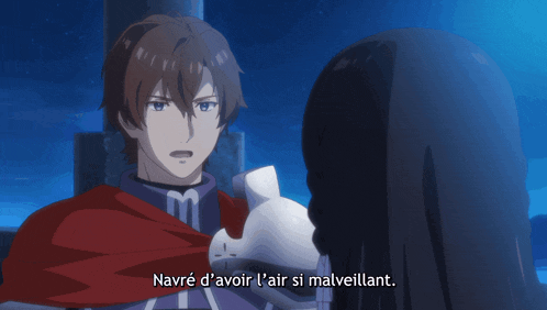 a man in a red cape is talking to a woman in a foreign language