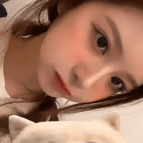 a close up of a woman 's face and a cat 's face .