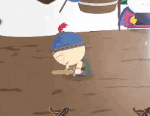 a cartoon character from south park is holding a sword in his hand